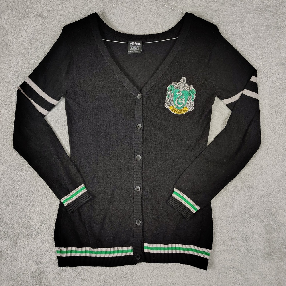 HARRY‎ POTTER Women sz Small cardigan sweater black crest SLYTHERIN